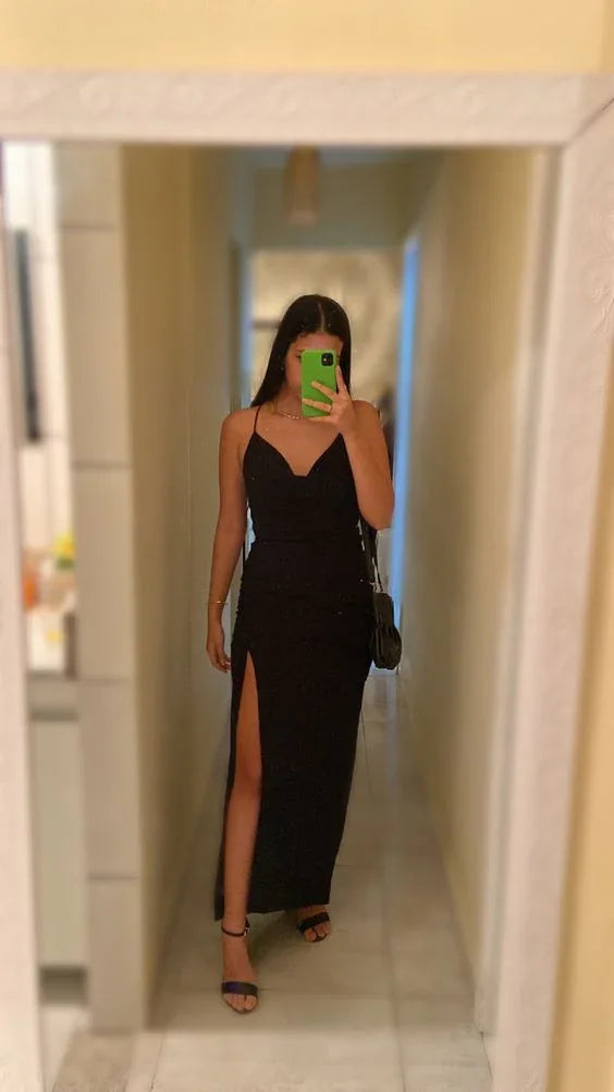 Elegant Black Sheath Evening Dress With Split Black Evening Gown Y6135 by simplepromdress
