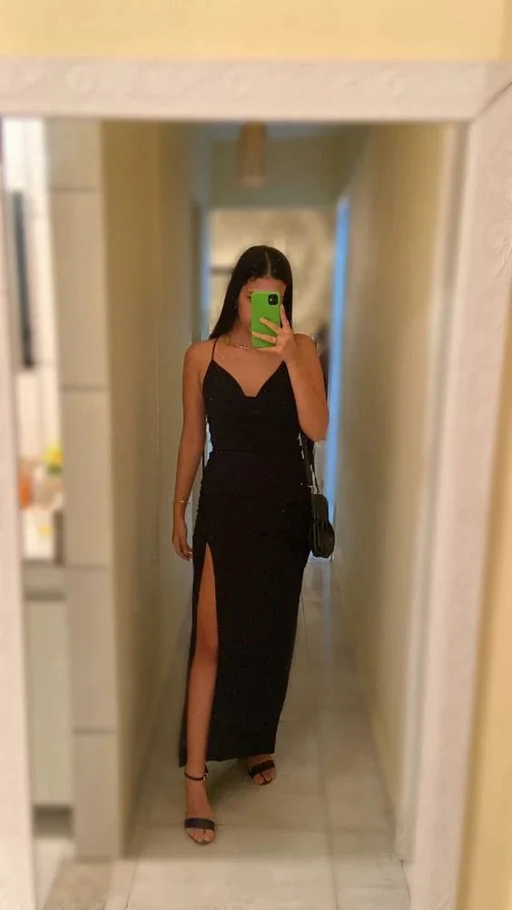 Elegant Black Sheath Evening Dress With Split Black Evening Gown Y6135 by simplepromdress