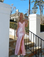 Pink Satin Appliques Mermaid Prom Dress Long Slit Evening Gown Y8263 by simplepromdress