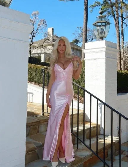 Pink Satin Appliques Mermaid Prom Dress Long Slit Evening Gown Y8263 by simplepromdress