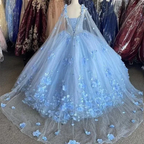 Light Blue Quinceanera Dresses Flowers Ball Gown Off Shoulder Lace Appliques 3d Floral Crystal Beads Long Sleeves Sweet 16 Dress Y759 by simplepromdress