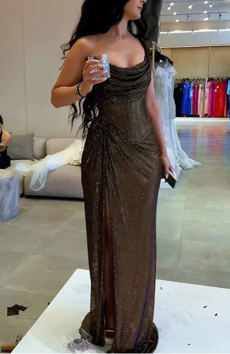 Black One Shoulder Tulle Sequin Side Slit Long Prom Dress Evening Dress Y8423 by simplepromdress