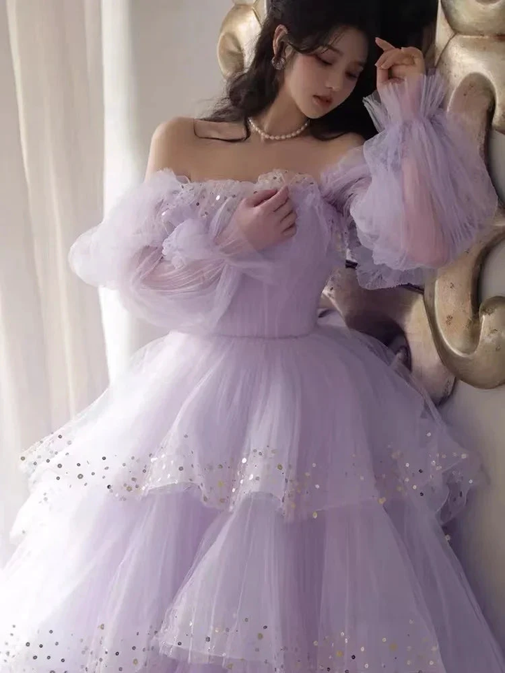 Sparkly Prom Dresses Purple Prom Dresses Robes Cocktail Off The Shoulder Prom Dresses Long Sleeve Prom DressesY2408 by simplepromdress