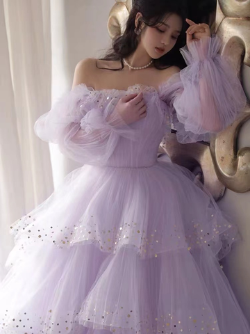 Sparkly Prom Dresses Purple Prom Dresses Robes Cocktail Off The Shoulder Prom Dresses Long Sleeve Prom DressesY2408