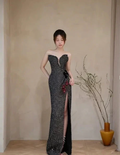 Elegant Black Strapless Slit Mermaid Prom Dress Sequin Beaded Long Evening Dress Y8542 by simplepromdress