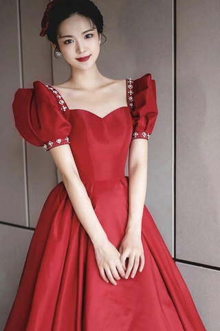 Burgundy satin long prom dress A line evening dress Y1169