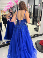 Blue A-line Tulle Appliques Prom Dress Blue Evening Dress Y6450 by simplepromdress