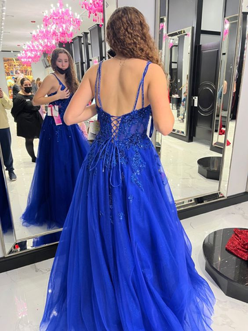 Blue A-line Tulle Appliques Prom Dress Blue Evening Dress Y6450