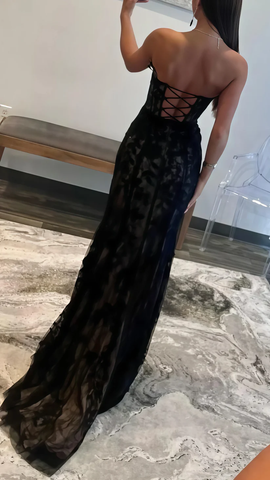Black Evening Dress Sexy Strapless Sweetheart Lace Slit Mermaid Prom Dress Y8017