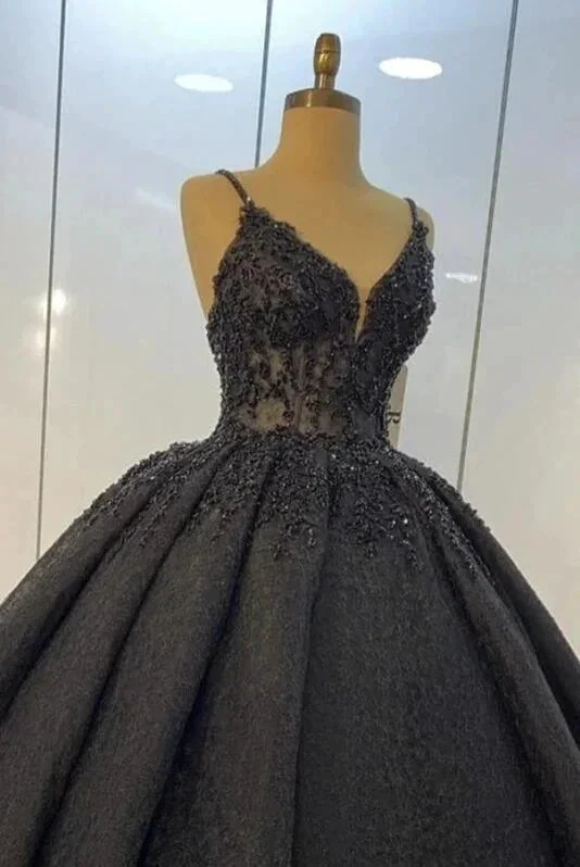 Black lace ball gown dresses for wedding , spaghetti straps prom dress S22981 by simplepromdress