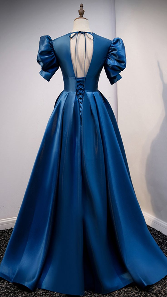 Blue satin long prom dress blue evening dress Y4966 Main Image