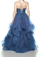 Shiny Blue V-neck Tulle Appliques Sequins Long Prom Dress Spaghetti Strap Evening Dress Y8051 by simplepromdress