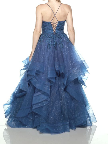 Shiny Blue V-neck Tulle Appliques Sequins Long Prom Dress Spaghetti Strap Evening Dress Y8051