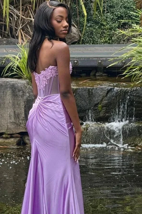 Charming Strapless Burgundy Lace Appliques Long Prom Dress Slit Mermaid Evening Gown Y7883 by simplepromdress