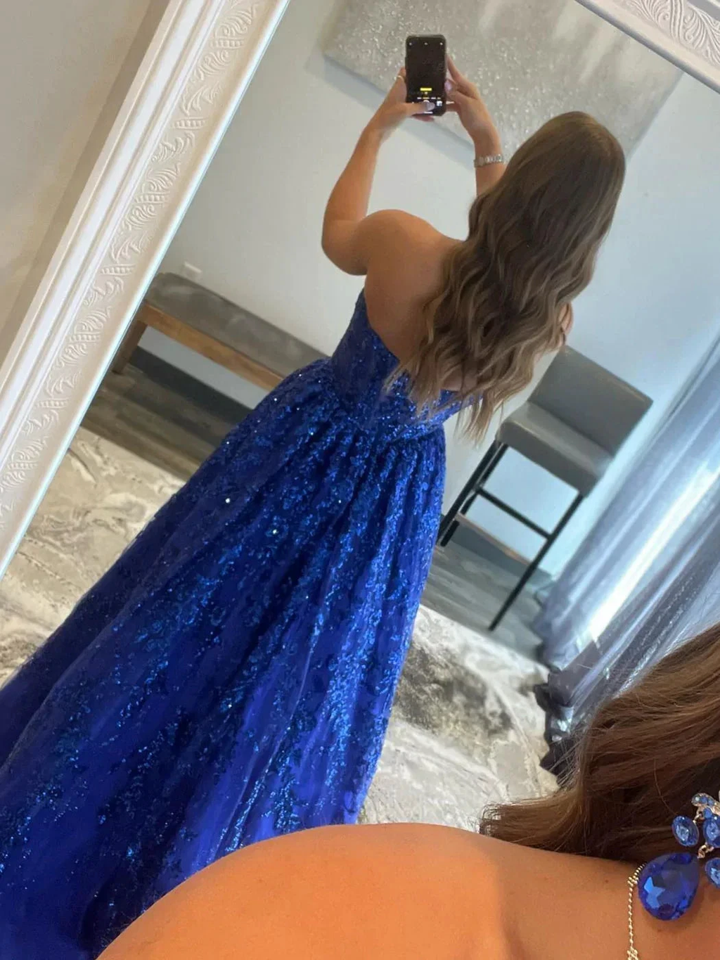 Blue A line tulle sequin long prom dress, blue tulle evening dress Y249 by simplepromdress