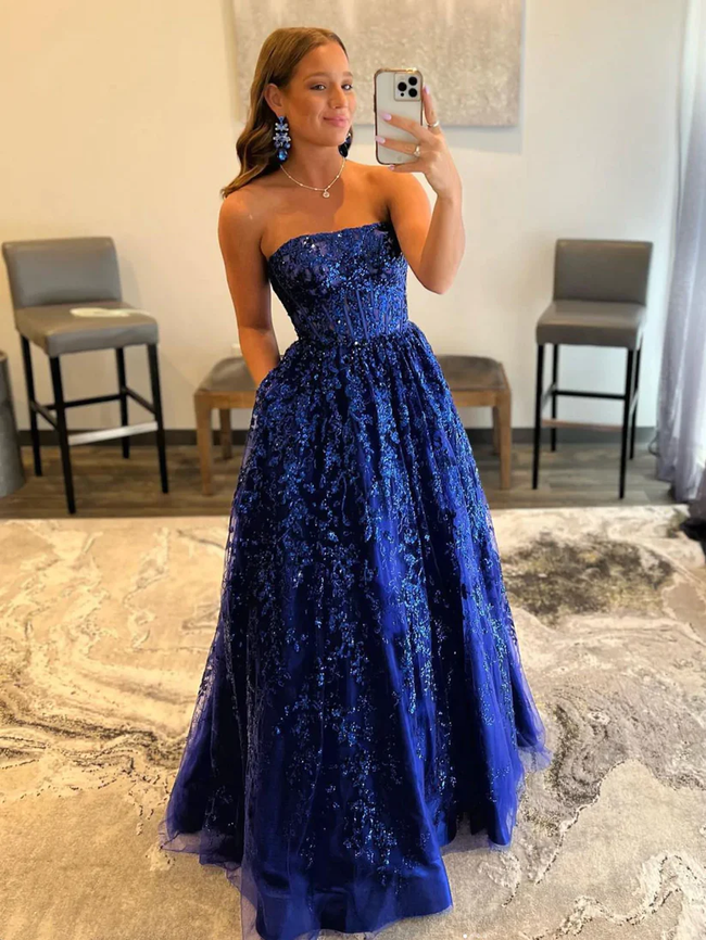 Blue A line tulle sequin long prom dress, blue tulle evening dress Y359 Hover Image