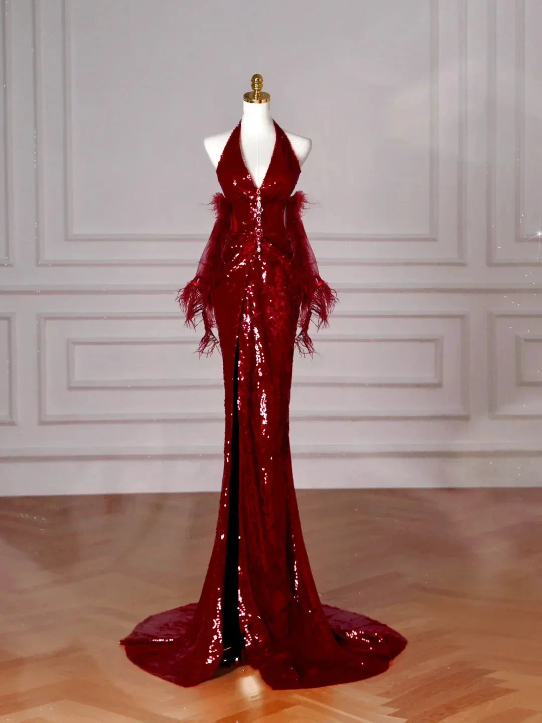 Sexy Burgundy Sequins Halter V Neck Evening Dress Backless Mermaid Evening Dress Y8628 by simplepromdress