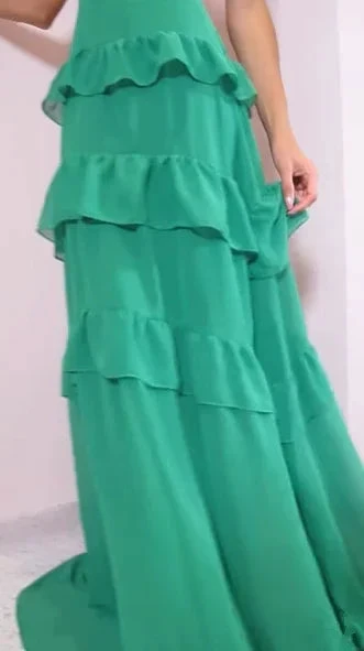 Emerald Green Deep V Neck Layered Ruffles Evening Dress Backless Long Prom Dress Y8386 by simplepromdress