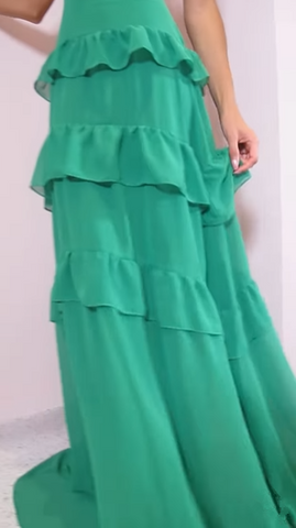 Emerald Green Deep V Neck Layered Ruffles Evening Dress Backless Long Prom Dress Y8386