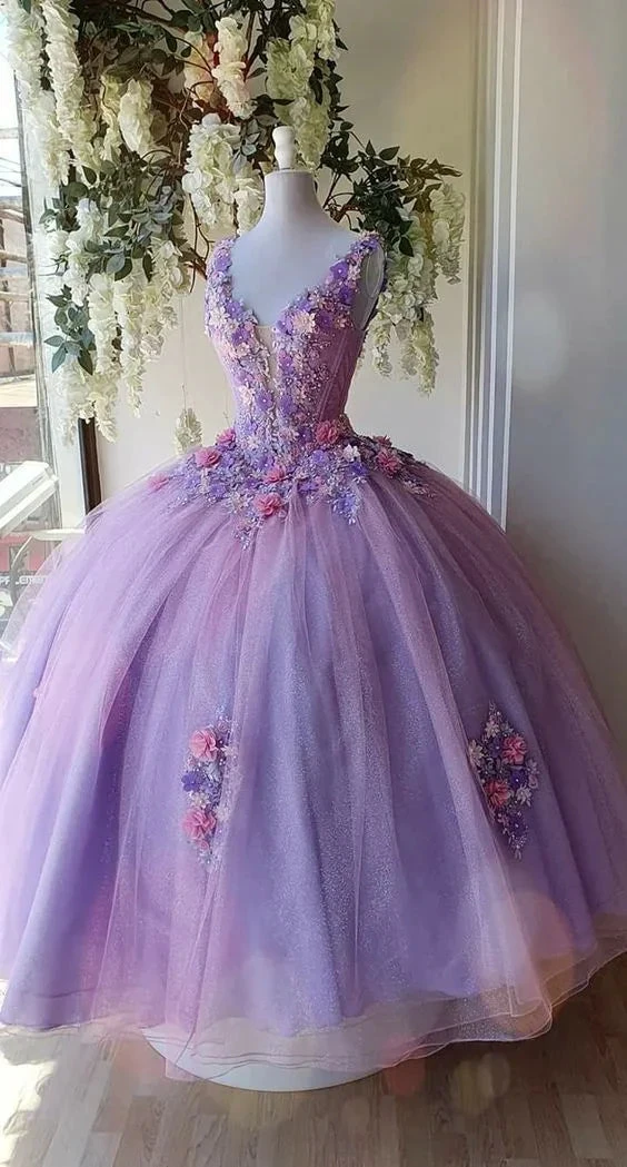 Princess Tulle Long Prom Dress with Flower,Ball Gowns Quinceanera Dresses Y4372 by simplepromdress