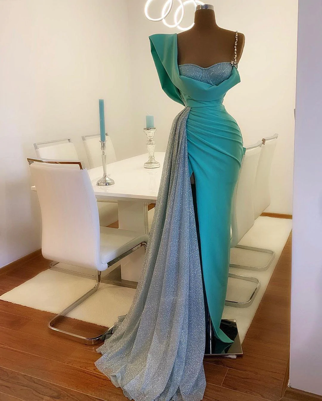 Blue Mermaid Prom Dresses With High Side Split Glitter Satin Real Image Sweep Train robe de soirée de mariage Evening Dress Y57 Hover Image