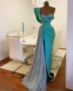 Blue Mermaid Prom Dresses With High Side Split Glitter Satin Real Image Sweep Train robe de soirée de mariage Evening Dress Y57 by simplepromdress