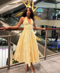 Sexy Halter Deep V Evening Dress Yellow Satin Print Prom Dress Y8249 by simplepromdress