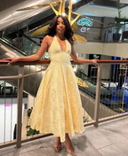 Sexy Halter Deep V Evening Dress Yellow Satin Print Prom Dress Y8249 by simplepromdress