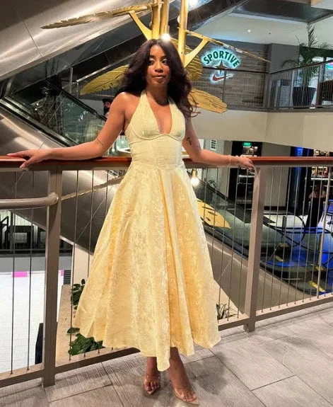 Sexy Halter Deep V Evening Dress Yellow Satin Print Prom Dress Y8249 by simplepromdress