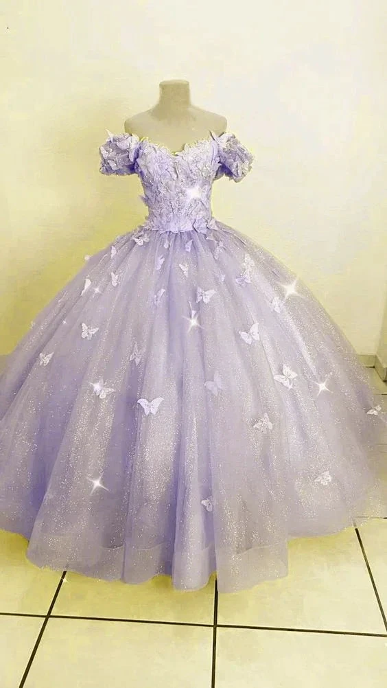 Lavender Butterfly Quince Dress Ball Gown Off-the-shoulder Y6594 by simplepromdress