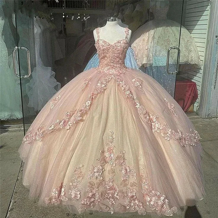 Pink Sparkly Quinceanera Prom Dresses Lace Flower Sweet 16 Tulle Party Ball Gown Y57 by simplepromdress