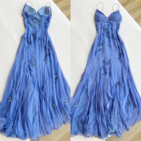 Vestido largo de gasa azul con tirantes finos, elegante, para fiesta de graduación y noche, Y7457
