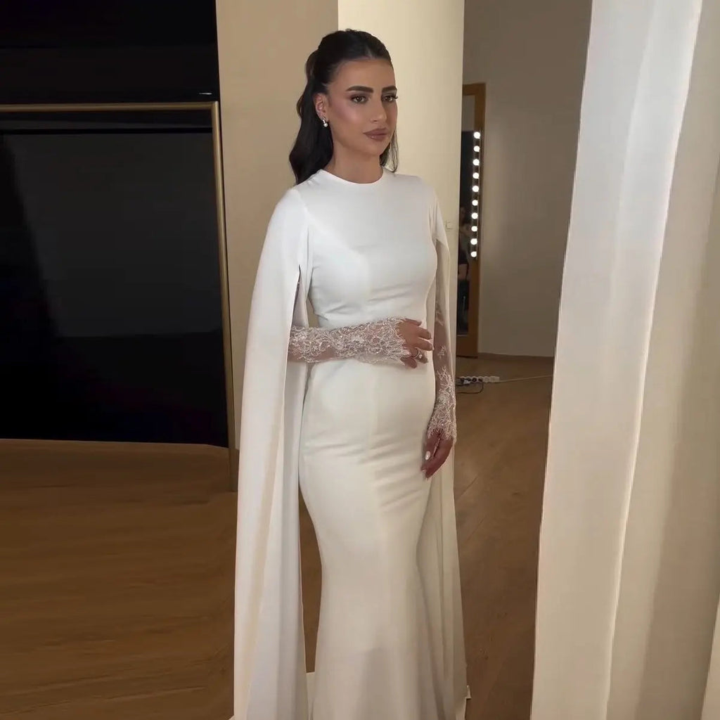 Ivory Minimalist Modest Mermaid Beaded Satin Wedding Dress  Sweep Train SW513