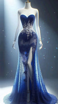 Sexy Strapless Lace Beaded Mermaid prom Dress Blue Long Slit Evening Dress Y8362 by simplepromdress
