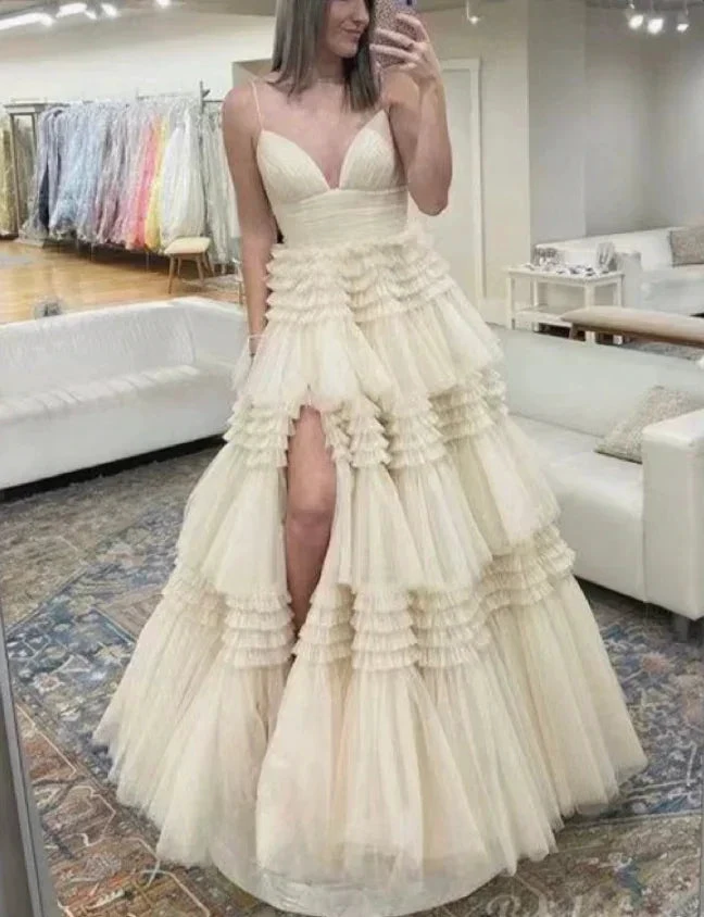 Champagne A-Line Spaghetti Straps Ruffles Formal Evening Dresses Long Prom Dress Y6801 by simplepromdress