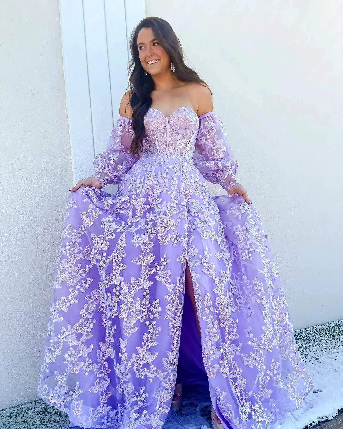Sparkle Princess Bustier Puff Sleeve Lace Long Prom Dress Detachable Sleeves Evening Dress Y1805 by simplepromdress