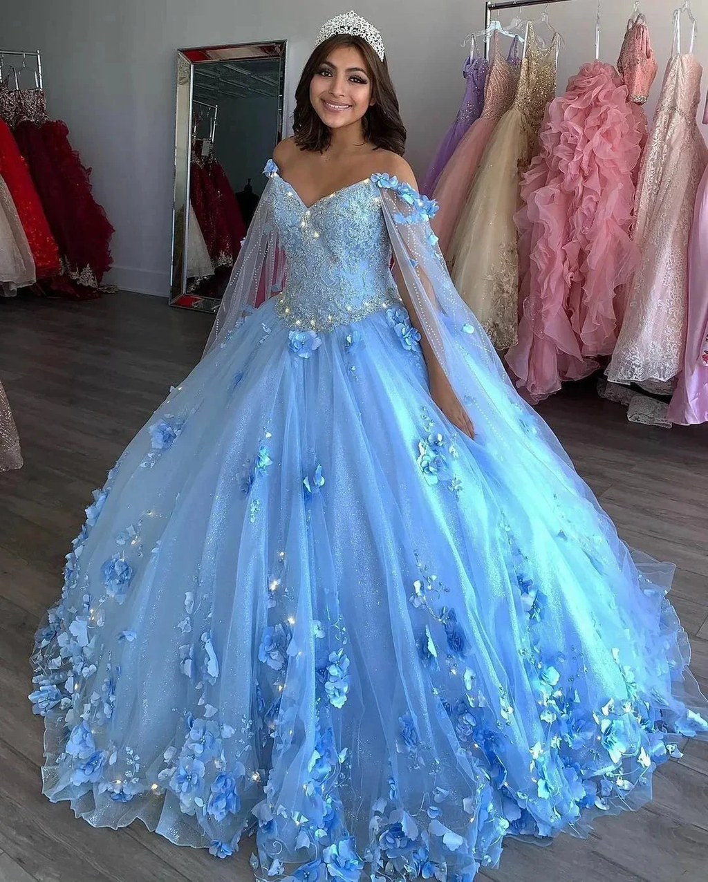 Light Blue Quinceanera Dresses Flowers Ball Gown Off Shoulder Lace Appliques 3d Floral Crystal Beads Long Sleeves Sweet 16 Dress Y759 by simplepromdress