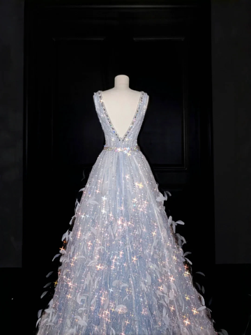 Glamorous V Neck Tulle Beaded Feathers A Line Prom Dress Evening Dress Y8682 by simplepromdress