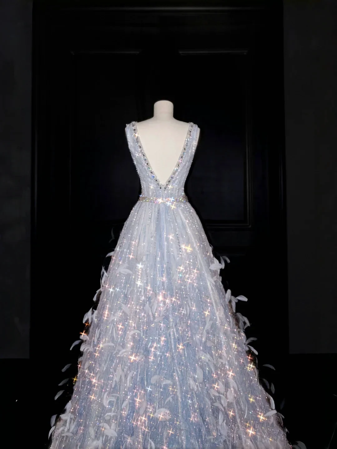 Glamorous V Neck Tulle Beaded Feathers A Line Prom Dress Evening Dress Y8682 by simplepromdress