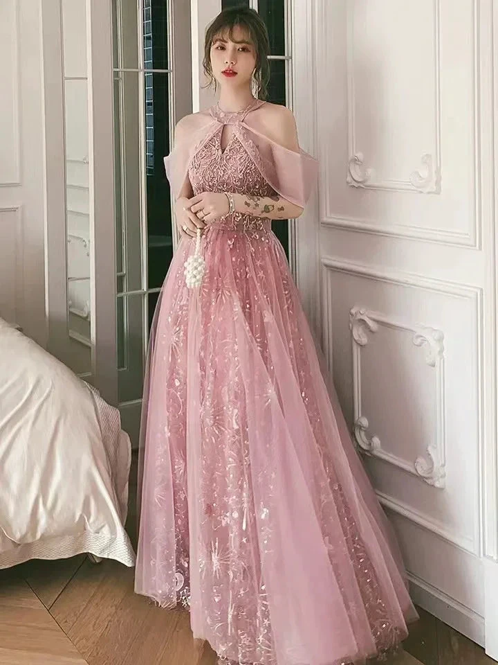 Pink party dress, halter neck prom dress, sweet fairy evening dress Y1918 by simplepromdress