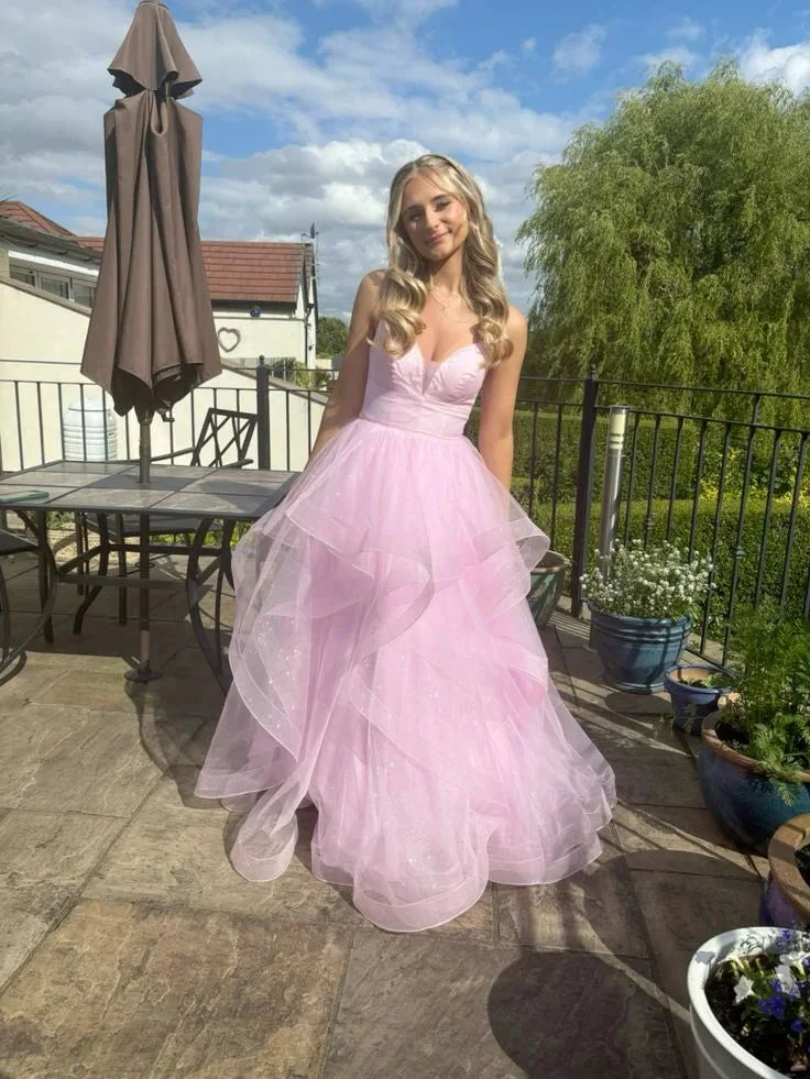 Shiny Pink Tulle Tiered A Line Prom Dress Straps Evening Gown Y7932 by simplepromdress