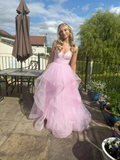 Shiny Pink Tulle Tiered A Line Prom Dress Straps Evening Gown Y7932 by simplepromdress