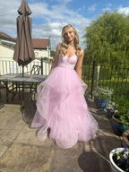 Shiny Pink Tulle Tiered A Line Prom Dress Straps Evening Gown Y7932 by simplepromdress