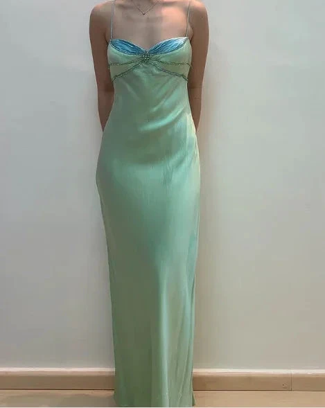Sexy Spaghetti Straps Green Satin Beaded Prom Evening Dress Y7757 by simplepromdress
