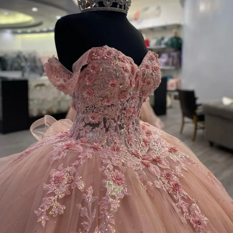 Vestido de fiesta con apliques rosas brillantes, vestido de princesa rosa Y2341