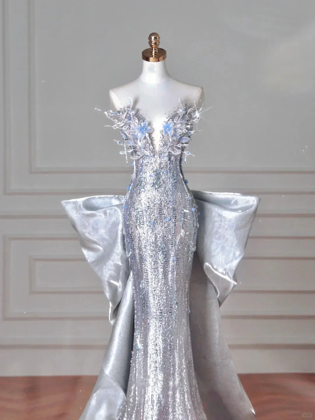 Luxury Silver Sequin 3D Beaded Mermaid Evening Dress Long Prom Dress With Bow Y8640 by simplepromdress