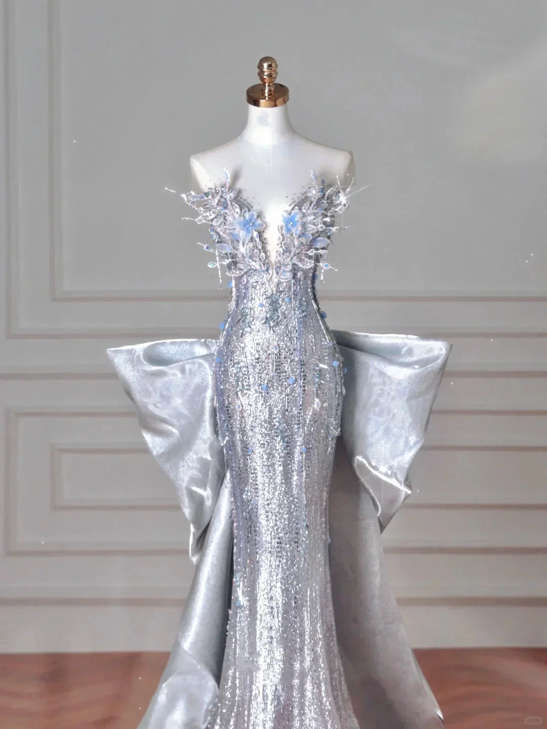 Luxury Silver Sequin 3D Beaded Mermaid Evening Dress Long Prom Dress With Bow Y8640 by simplepromdress