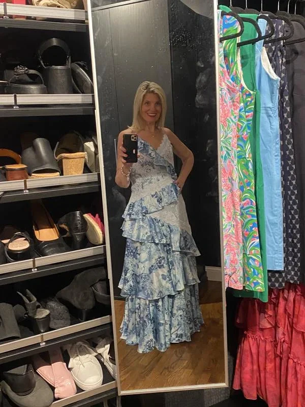 Gorgeous Blue Sleeveless V-Neck Lace Ruffle Tiered Evening Dress Formal Prom Dress Y8460 by simplepromdress