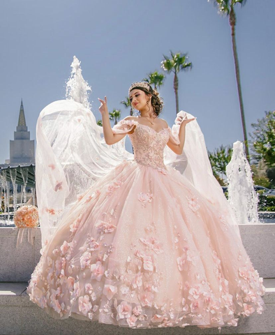 Vestido rosa de quinceañera, vestido de fiesta rosa con flores 3D, vestido de princesa rosa Y2337