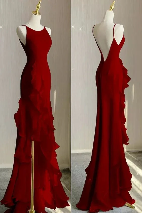Simple Mermaid Beach Evening Dress with Ruffles,Spaghetti Straps Backless Prom Gown Y5651 by simplepromdress